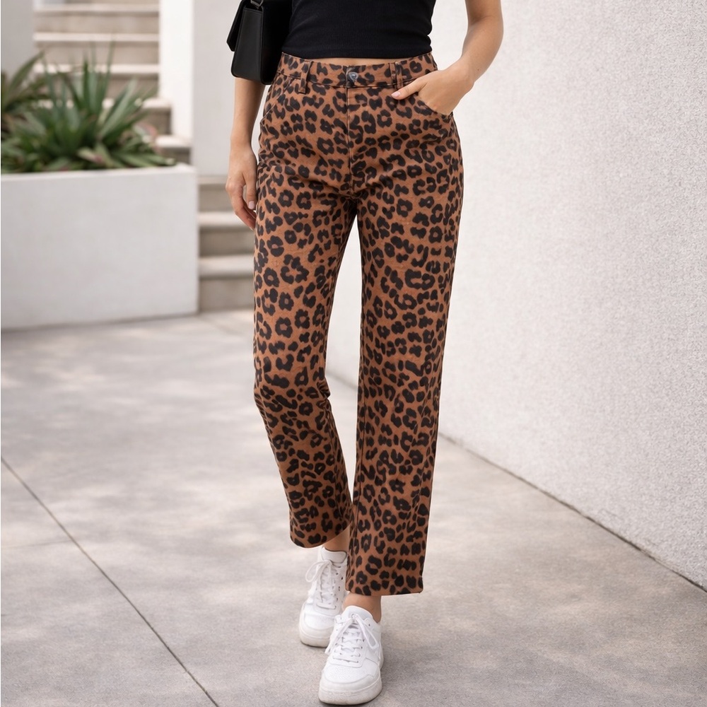 Leopard‎ Print Straight Leg Pants Brown Black Animal Print  Sz. 8-10 refer photo